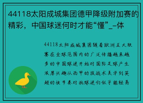 44118太阳成城集团德甲降级附加赛的精彩，中国球迷何时才能“懂”_-体坛+